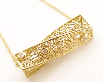 14K Gold DNA Helix Pendant Necklace, Natural Diamond Accent