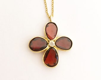 Handmade 18K Gold Garnet Cross Pendant, White Diamond Accent