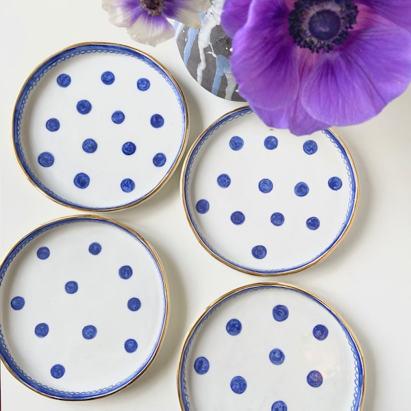 Polka Dots and Moonbeams ceramic dessert/ side plate with 22k hand painted gold