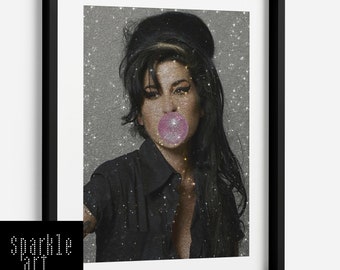 Amy Winehouse Bubble Gum Picture Print Wall Art A3 A4 Silver Multicoloured Real Glitter Frame Choice