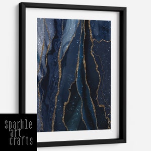 Agate Sapphire Navy Blue Gold Art Print Liquid Marble Geode Picture Wall A3 A4 Silver Multicoloured Real Glitter Frame Choice