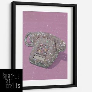 Retro Phone Glitter Bling Glam Pink Purple Fashion Picture Print Wall Decor A3 A4 Multicoloured Holographic Diamond Bathroom Toilet Loo Art