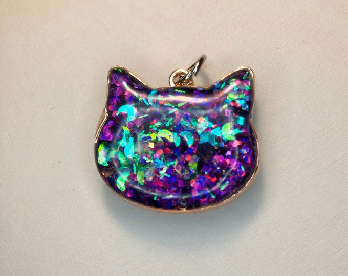 Handmade Holographic Purple with Moons Glitter Cat Necklace with Metal outline Great Gift for Cat Lovers