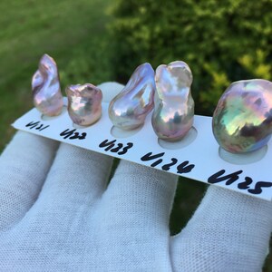 May include: Five iridescent baroque pearls of varying shapes and sizes are displayed on a white card. The pearls have a mix of pink, purple, and green hues. Each pearl is labeled with a black number.