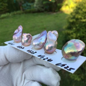 May include: Five iridescent baroque pearls in shades of pink, purple, and green are displayed on a white card. The pearls have irregular shapes and a lustrous surface. The card has black numbers and letters.