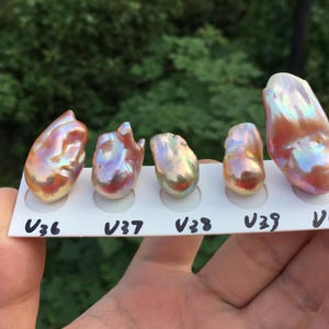 May include: Five iridescent pearls of varying sizes and shapes, labeled V36 through V40, are displayed on a white card.