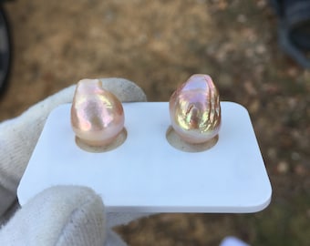 Natural Metallic Orange Color Baroque Pear Pair With Rainbow Color.AMB15