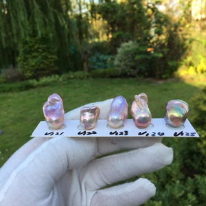 May include: Five iridescent pearls of varying shapes and sizes are displayed on a white card. The pearls exhibit a range of colors, including pink, purple, and gold, with a shimmering, lustrous surface. The card has handwritten numbers.