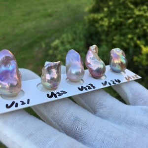 May include: Five iridescent baroque pearls, each with unique shapes and colors, are displayed on a white card. The pearls range in color from pink and purple to gold and green. The card is held by a gloved hand, with the numbers V121 to V125 written on it.