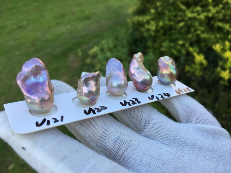 May include: Five iridescent baroque pearls, each with unique shapes and colors, are displayed on a white card. The pearls range in color from pink and purple to gold and green. The card is held by a gloved hand, with the numbers V121 to V125 written on it.