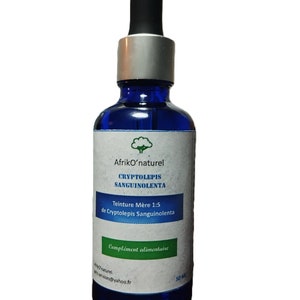 Puede incluir: Una botella de vidrio azul con un gotero, etiquetada "AfrikO'naturel Cryptolepis Sanguinolenta Teinture Mère 1:5 de Cryptolepis Sanguinolenta Complément alimentaire" y "50 ml".