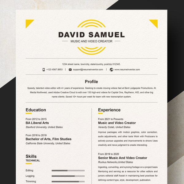 Music and Video Creator Resume Template + Cover Letter + References template | Modern & Professional 2, 3 page Resume for Word, Pages