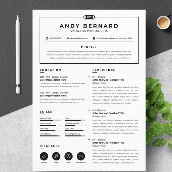 CV Resume Template With Photo, Paper Stationery, CV Template, Modern Resume, CV Design, Curriculum Vitae, Cover Letter, Professional Resume