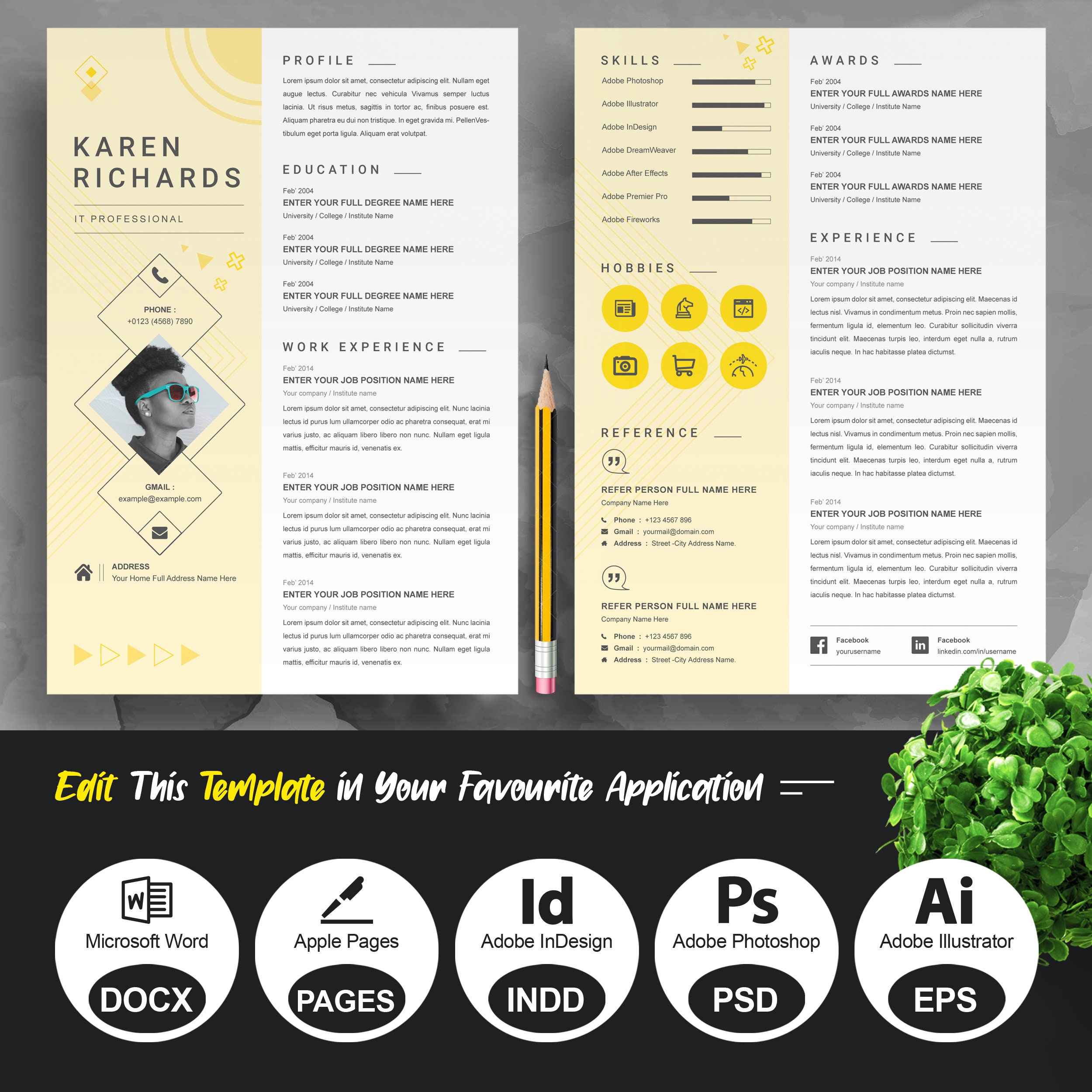 Creative Resume Modern Resume Template Cover Letter Word - Etsy