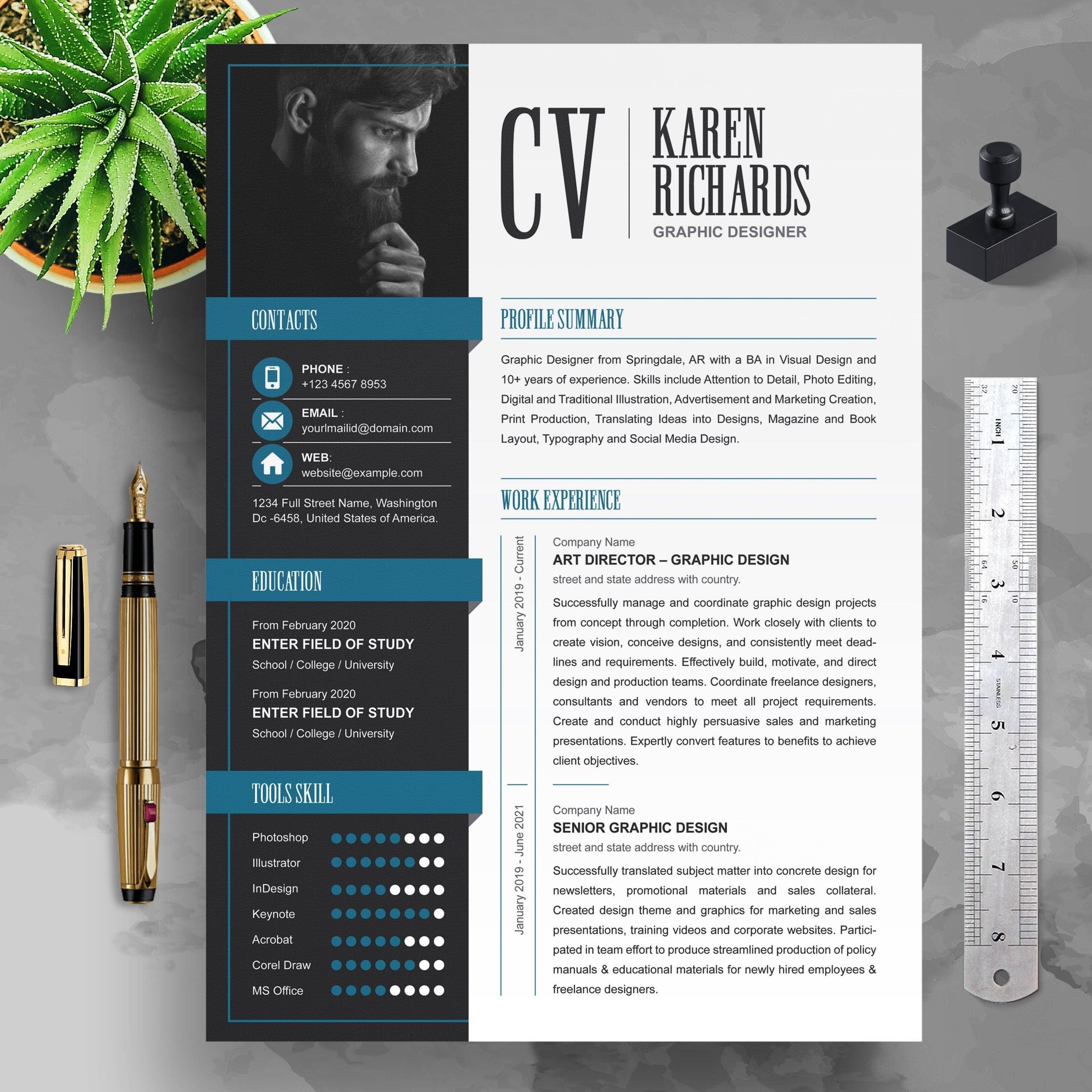 Professional CV Resume Template: Modern Design (word, Pages, PSD) - Etsy