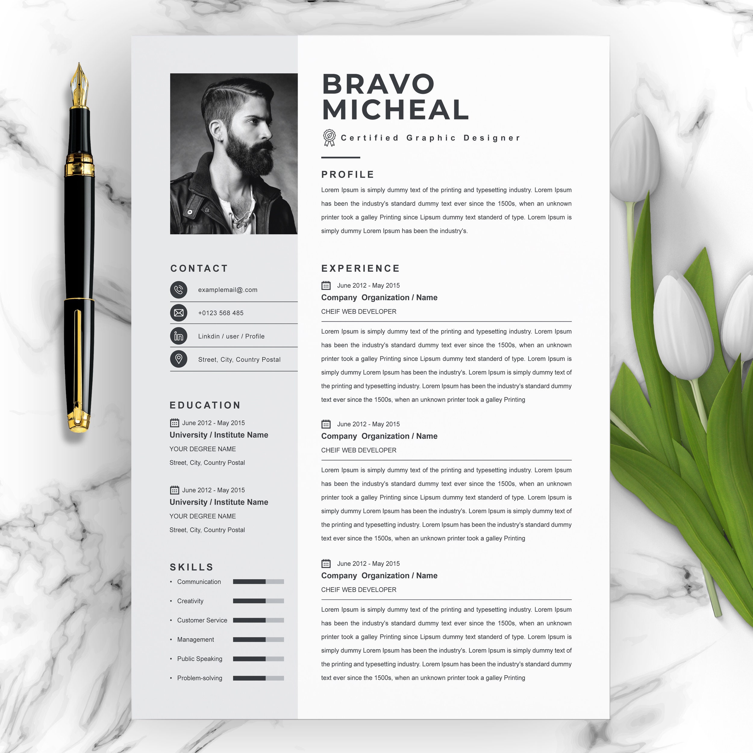 CV Resume Template With Photo, Paper Stationery, CV Template, Modern  Resume, CV Design, Curriculum Vitae, Cover Letter, Professional Resume 
