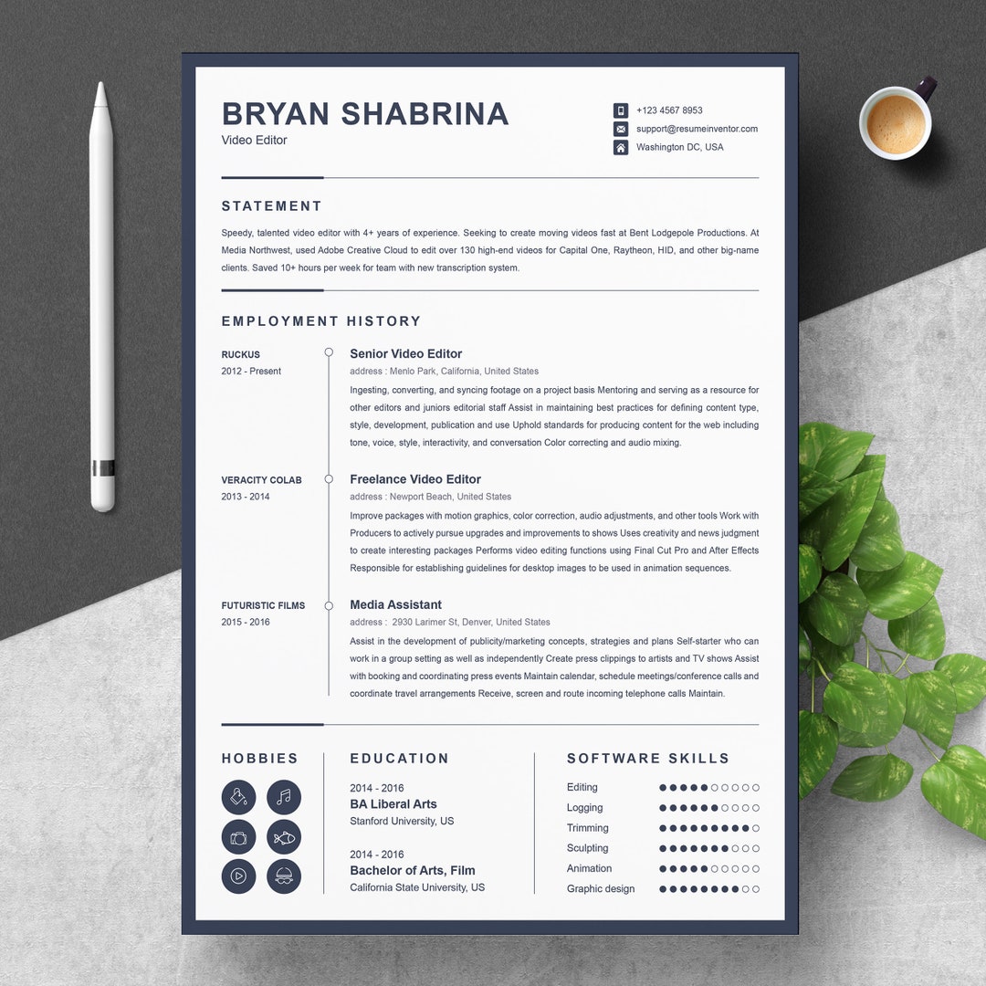 Resume / CV for Video Editor word, Apple Pages, Indesign, and