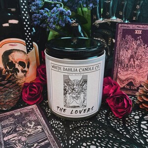 Bougie de tarot : bougie de soja parfumée avec cristal, fait maison, 250 g, carte de tarot incluse, décoration d'Halloween, cadeaux