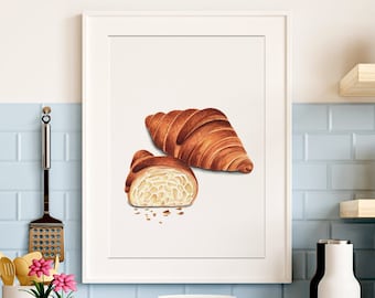 Watercolor croissants, French cake poster, French pastries illustration, Culinary art, bakery gift, Kitchen decoration