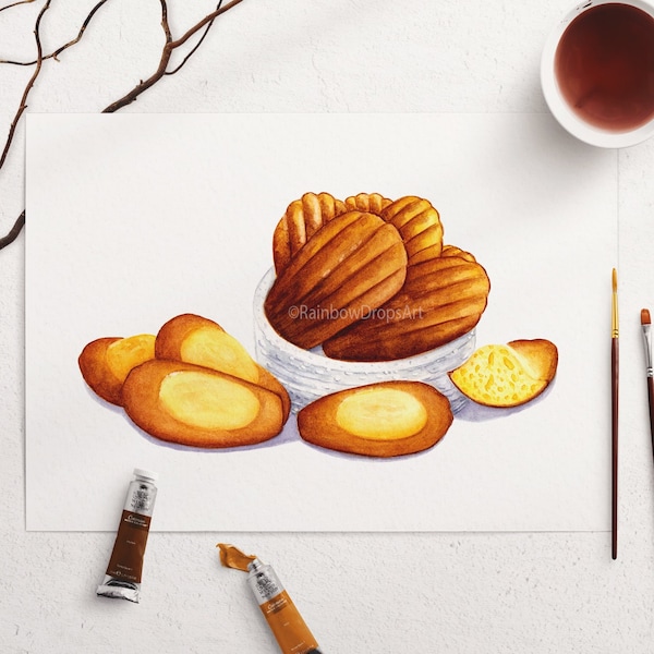 Watercolor Madeleines, Watercolor Pastry, Poster for pastry chefs, Madeleines Cake, Kitchen decoration, Wall decoration, Art print