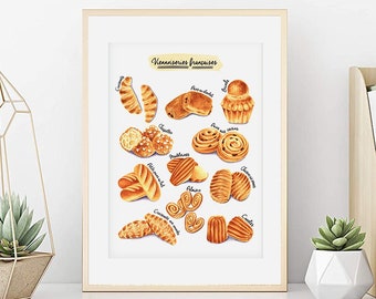 Affiche viennoiseries française, Aquarelle gâteaux, Affiche cuisine, Décoration mural, Art culinaire, Cadeau cuisine, Tirage d'art