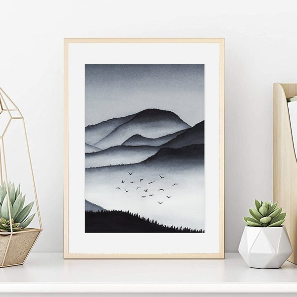 Watercolor landscape,landscape print,landscape poster,landscape painting, wall decor, mountain view. Art print from my original watercolor. 