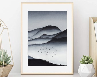 Watercolor landscape,landscape print,landscape poster,landscape painting, wall decor, mountain view. Art print from my original watercolor.