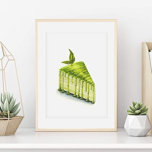 Watercolor matcha tea cake, cake poster, Pastry illustration, Pastry drawing, Culinary art, Green kitchen decor, Wall decor