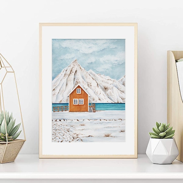 Aquarelle chalet montagnes enneigées, Affiche paysage sous la neige, Ambiance hivernale, Impression sur papier d'art, Décoration murale,