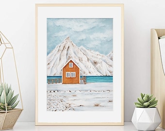 Aquarelle chalet montagnes enneigées, Affiche paysage sous la neige, Ambiance hivernale, Impression sur papier d'art, Décoration murale,