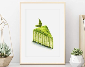 Aquarelle gâteau au thé matcha, affiche gâteau, Illustration pâtisserie, Dessin pâtisserie, Art culinaire, Déco cuisine vert, Décor murale