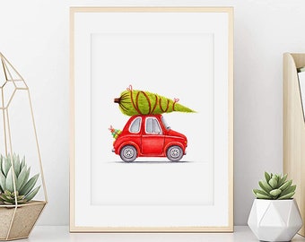 Aquarell-Weihnachtslieferbaum Fiat 500, Weihnachtsbaum-Autoplakat, Weihnachtsbaum, Urlaubsatmosphäre, Weihnachtsdekoration, Kunstdruck