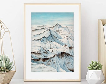 Paisaje nevado en acuarela, Cartel de paisaje en acuarela, Paisaje de montaña nevado, Decoración de pared, Impresión de arte, Reproducción de arte
