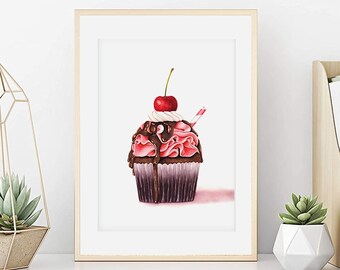 Watercolor cupcake, Chocolate cake poster with cherries, Pastry illustration, Cupcake drawing, Kitchen decoration, Culinary art