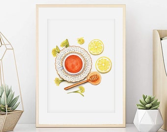 Aquarelle tasse à thé à la camomille miel et citron, Affiche Tea time, Illustration culinaire, Dessin alimentaire, Déco cuisine, Art mural