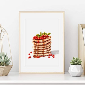 Aquarellgebäck aus weichen Pfannkuchen, überzogen mit Ahornsirup und bestreut mit roten Johannisbeeren, Kuchenplakat, Küchendekoration