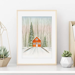 Chalet de bosque nevado en acuarela, Cartel de abetos bajo la nieve, Acuarela de invierno, Impresión en papel de arte, Decoración de pared, arte de pared