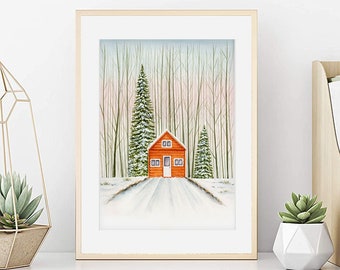 Chalet de bosque nevado en acuarela, Cartel de abetos bajo la nieve, Acuarela de invierno, Impresión en papel de arte, Decoración de pared, arte de pared