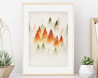 Paisaje de acuarela, Cartel de paisaje, Paisaje de abeto de montaña, Impresión de arte, Decoración de pared, reproducción de arte de mi acuarela original