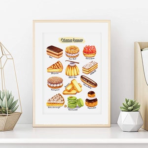 Französisches Gebäckplakat, Aquarell französische Kuchen, traditionelle Gebäckillustration, Küchendekoration, kulinarische Kunst
