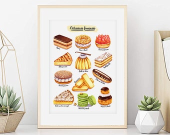 French pastries poster, Watercolor French cakes, Traditional pastries illustration, Kitchen decoration, Culinary art