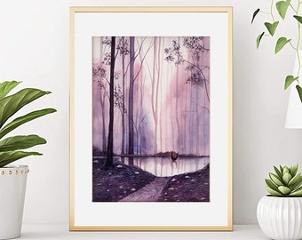 Aquarelle paysage de forêt , Affiche paysage étang mystérieux, Forêt enchantée, Paysage forêt automnale, Décoration murale, Tirage d'art