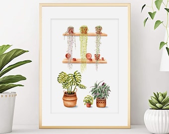 Zimmerpflanzen Poster, Botanisches Aquarell, Urban Jungle Illustration, Wanddekoration, Wohndekoration, Wandkunst, Kunstdruck