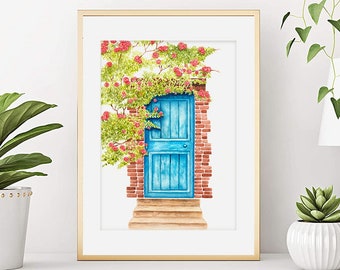 Aquarelle vieille porte fleurie, Affiche paysage Ile de Ré, Façade maison roses rouges,  Rosier grimpant, Décoration murale,  Tirage d'art