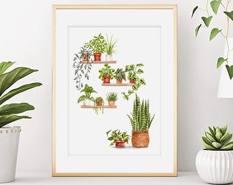 Aquarelle Urban Jungle plantes d'intérieur,  Affiche botanique, Illustration végétale, Décoration murale, Cadeau Art mural, Tirage d'art