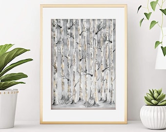 Aquarelle paysage forêt de bouleaux, Affiche d'un bosquet d'arbres mystérieux, Reproduction d'aquarelle, Décoration murale, Tirage d'art