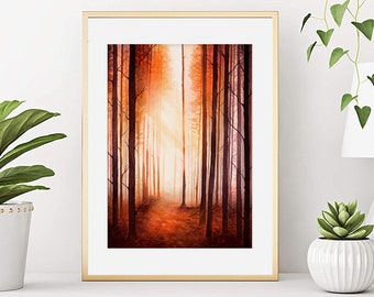 Watercolor autumnal landscape, Forest landscape poster, Enchanted forest, Autumnal forest landscape, Wall decoration, Art print