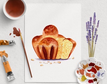 Aquarelle brioche française, Affiche cuisine, illustration gâteau, Cuisine française, Art culinaire , Décoration de cuisine, Tirage d'art