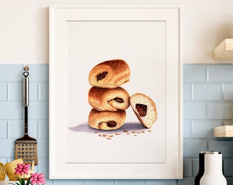 Watercolor pain au chocolat, Chocolate poster, French pastries illustration, French pastry drawing, Kitchen decoration