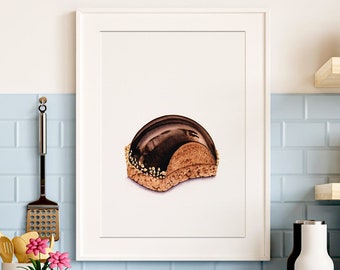 Aquarell-Pralinen-Schokoladenkuppelkuchen, französisches Gebäckplakat, Schokoladenkuchenillustration, kulinarische Zeichnung, Wandkunst